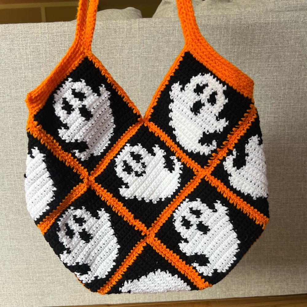 Hand Crocheted Black and Orange Spooky Ghost Bag 👻🎃